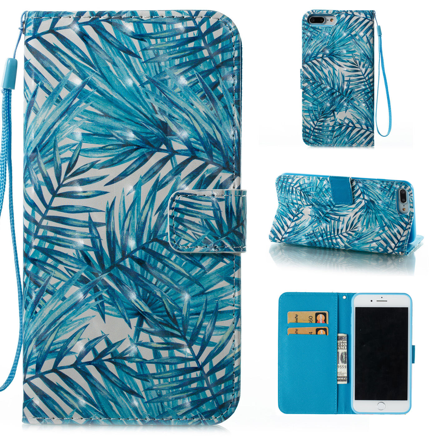 

Pattern Printing Wallet Leather Stand Cover for iPhone 8 Plus / 7 Plus - Blue Leaves, iPhone 8 Plus 5.5 inch