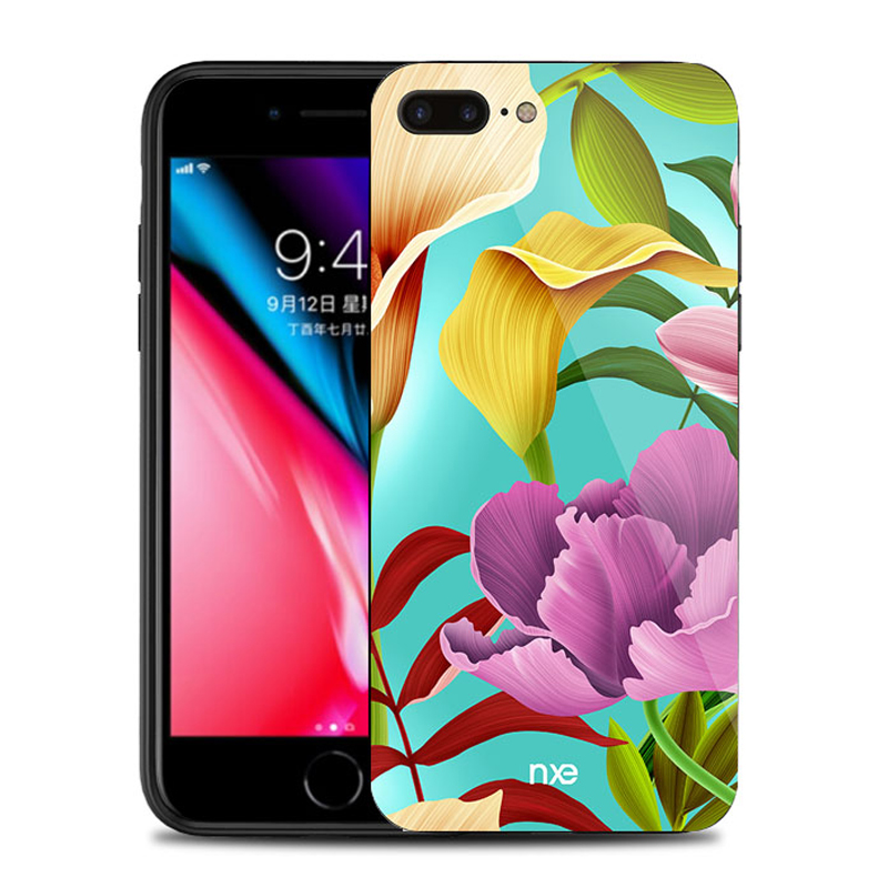 

NXE Flower Pattern Printing Glass TPU Hybrid Mobile Phone Case for iPhone 8 Plus / 7 Plus - Yellow and Purple Flower, iPhone 8 Plus 5.5 inch