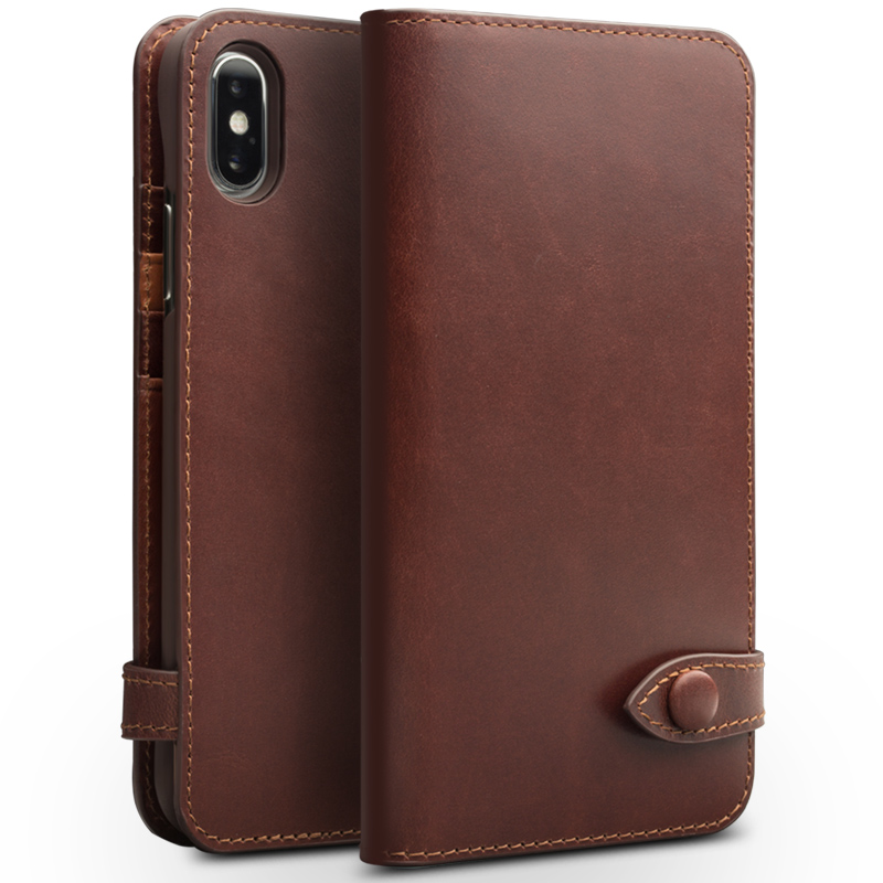 QIALINO Crazy Horse Texture Cowhide Leather Wallet Smart Phone Case for iPhone X / Xs - Brown