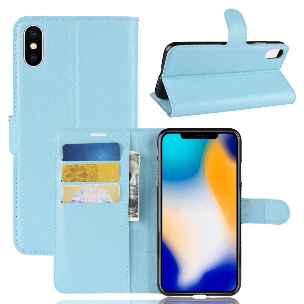 

Litchi Texture Wallet Stand Leather Cell Phone Cover for iPhone Xs Max 6.5-inch - Blue, iPhone XS Max 6.5 inch