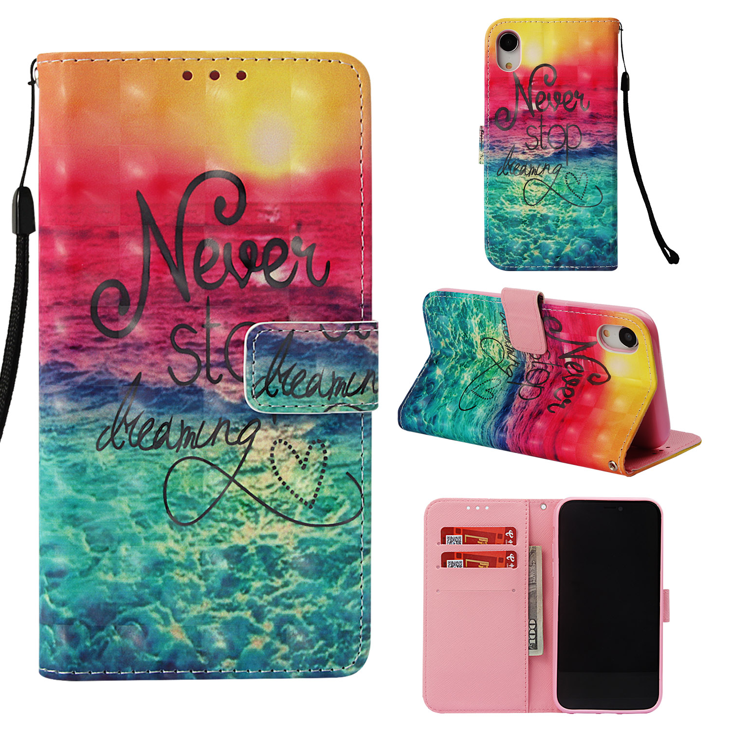 

Pattern Print Hear Spot Spot Decor Кошелек Кожаный Flip Мобильный Телефон Обложка Для IPhone XR 6.1 Дюйма - Не Переставайте Мечтать, iPhone XR 6.1 inch