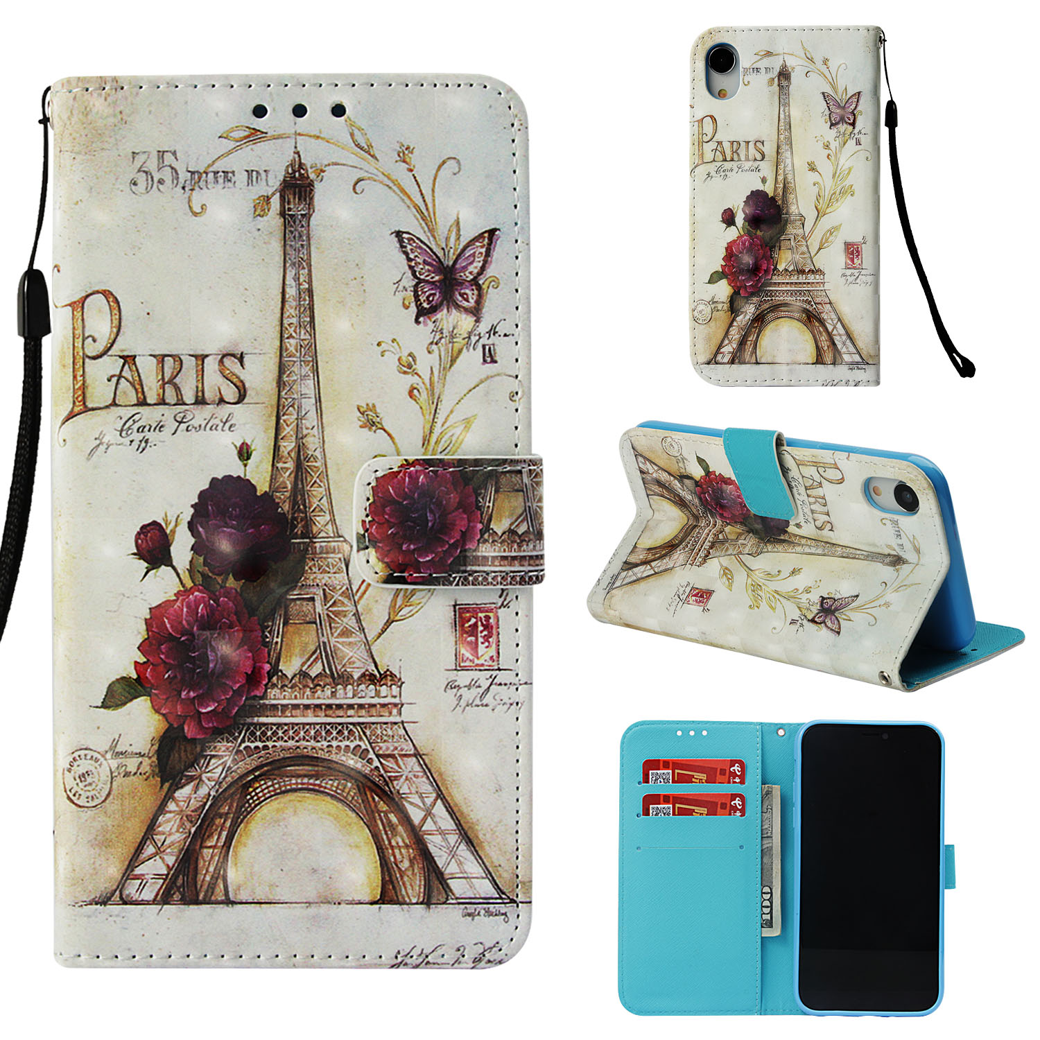 

Pattern Printing Light Spot Decor Leather Wallet Shell Case for iPhone XR 6.1 inch - Eiffel Tower and Flowers, iPhone XR 6.1 inch