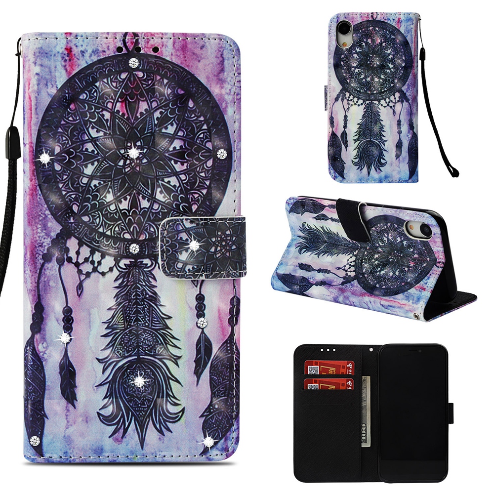 

Rhinestone Decor Pattern Photion Wallet Кожаная Оболочка С Ремешком Для IPhone XR 6.1 Дюйма - Черный Ловца Мечты, iPhone XR 6.1 inch