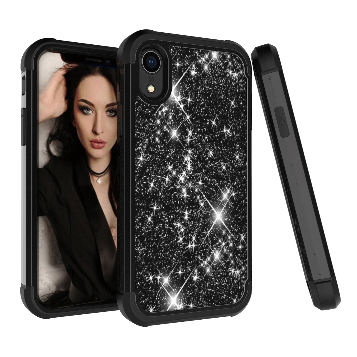 

Case for iPhone XR 6.1 inch [Glitter Powder Coated] PC Silicone Shockproof Hybrid Cover - All Black, iPhone XR 6.1 inch