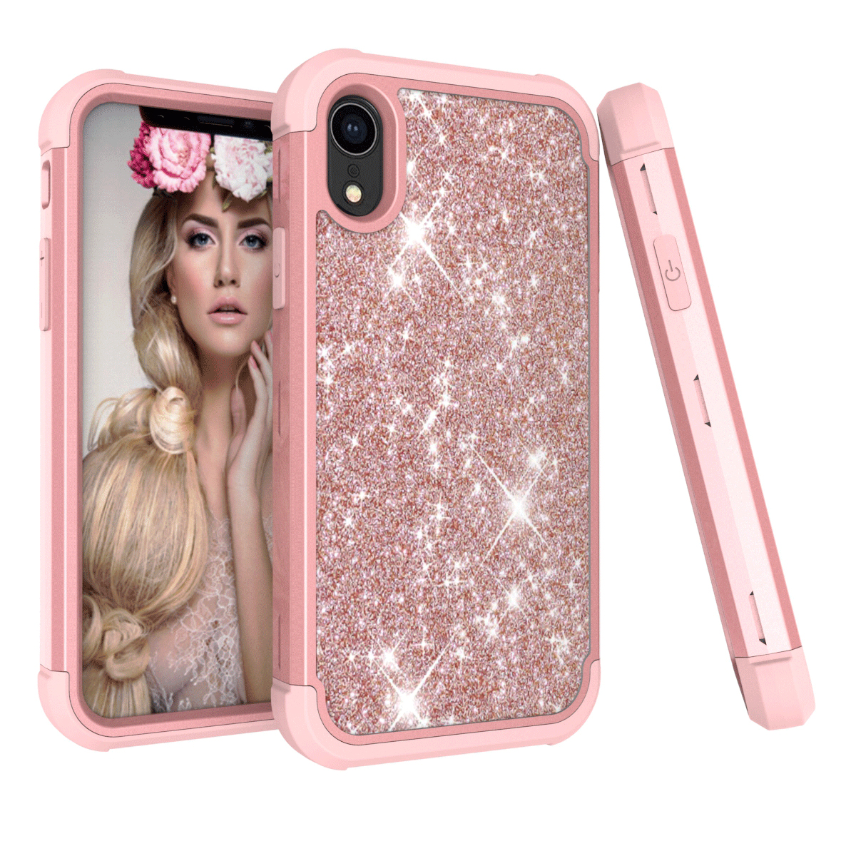 

Mobile Cover for iPhone XR 6.1 inch [Glitter Powder Coated] PC Silicone Shockproof Hybrid Cover - Rose Gold, iPhone XR 6.1 inch