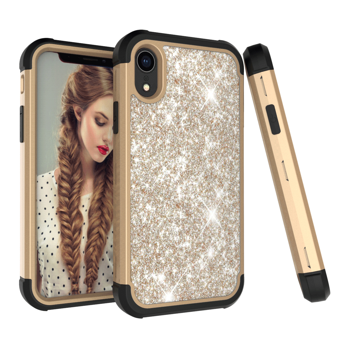 

Cell Phone Cover for iPhone XR 6.1 inch [Glitter Powder Coated] PC Silicone Shockproof Hybrid Cover - Black / Gold, iPhone XR 6.1 inch