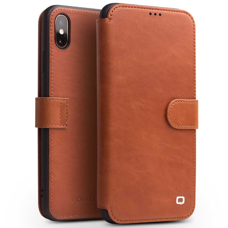 

QIALINO Top Layer Cowhide Leather Wallet Flip Cover for iPhone XS Max 6.5 inch - Brown, iPhone XS Max 6.5 inch