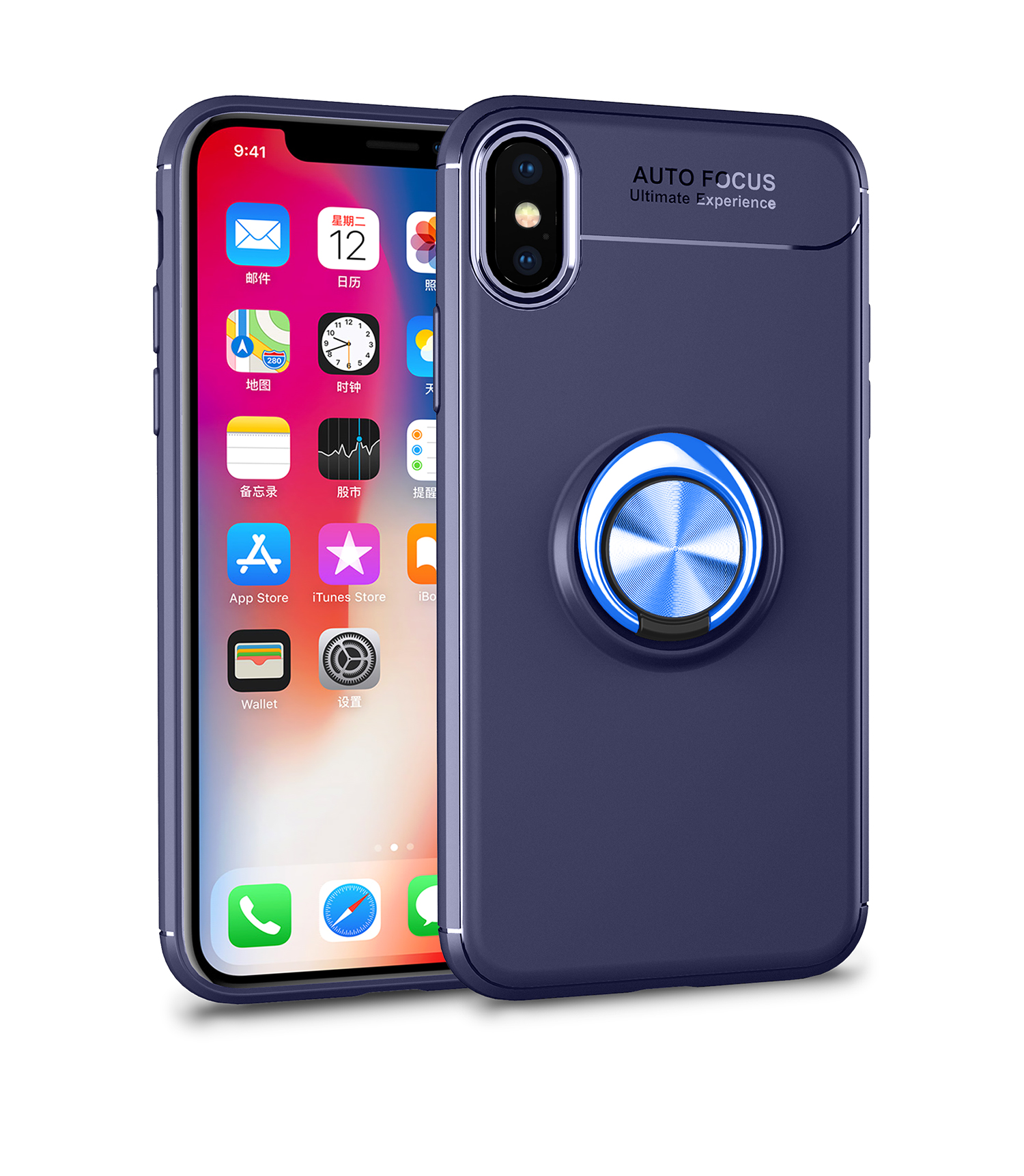 

LENUO for iPhone XS/X 5.8 inch Mobile Phone Shell [Metal Ring Bracket] TPU Case - Blue, iPhone XS 5.8 inch