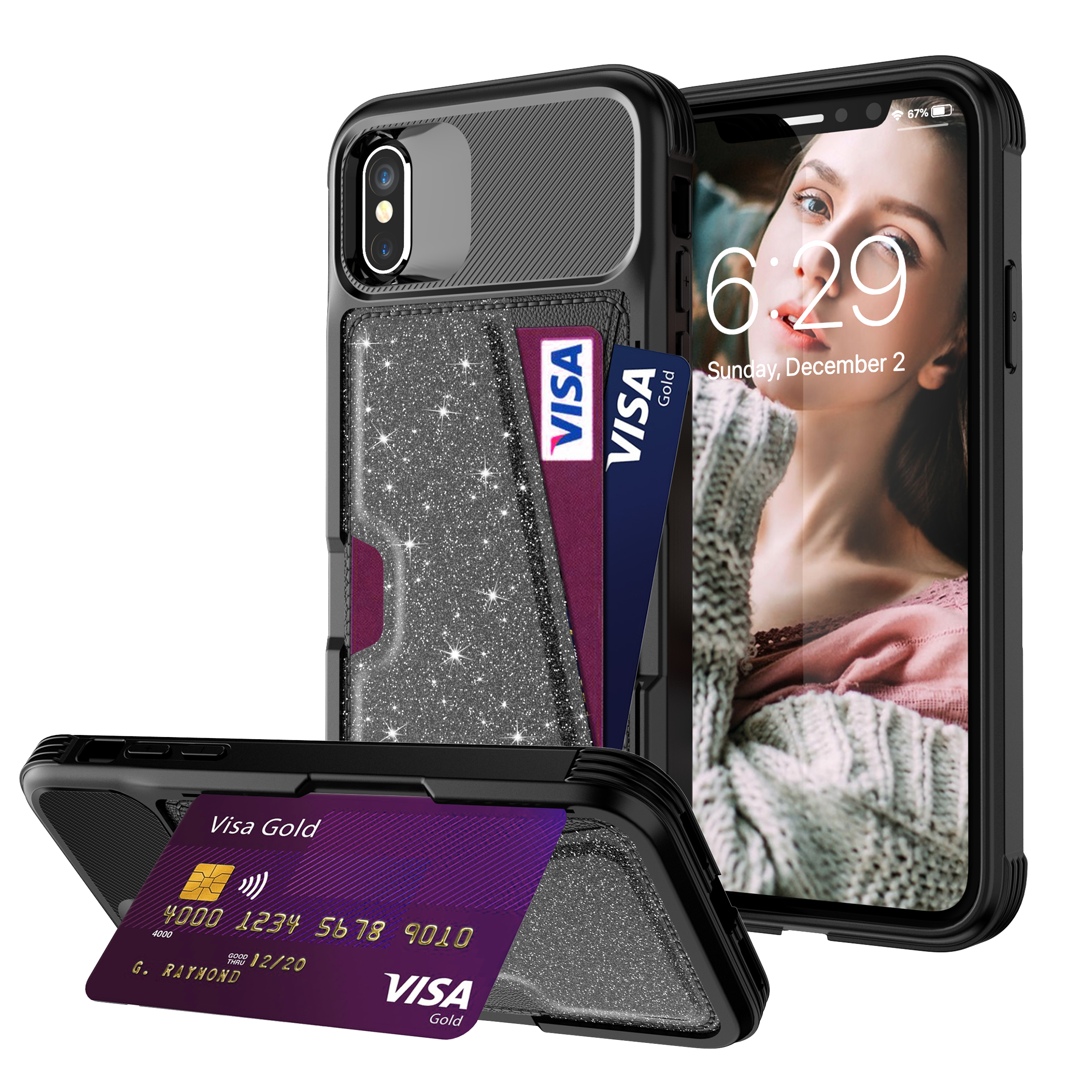 

Блеск Порошок [Держатель Карты] [Магнитное Поглощение] Телефон TPU Для IPhone XS / Х 5,8 Дюйма - Чернить, iPhone XS 5.8 inch