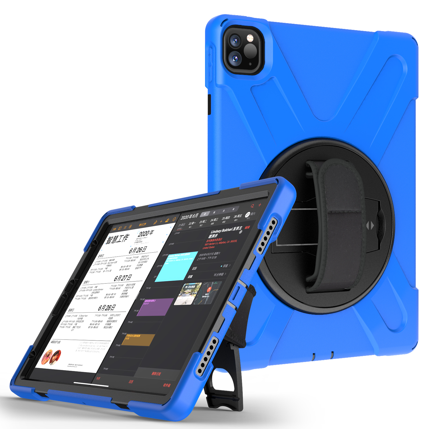 

For iPad Pro 11-inch (2021) (2020) (2018) X-Shape PC + TPU Protective Case with Hand Strap [360 Degree Rotary Kickstand] - Blue, iPad Pro 11-inch (2020)