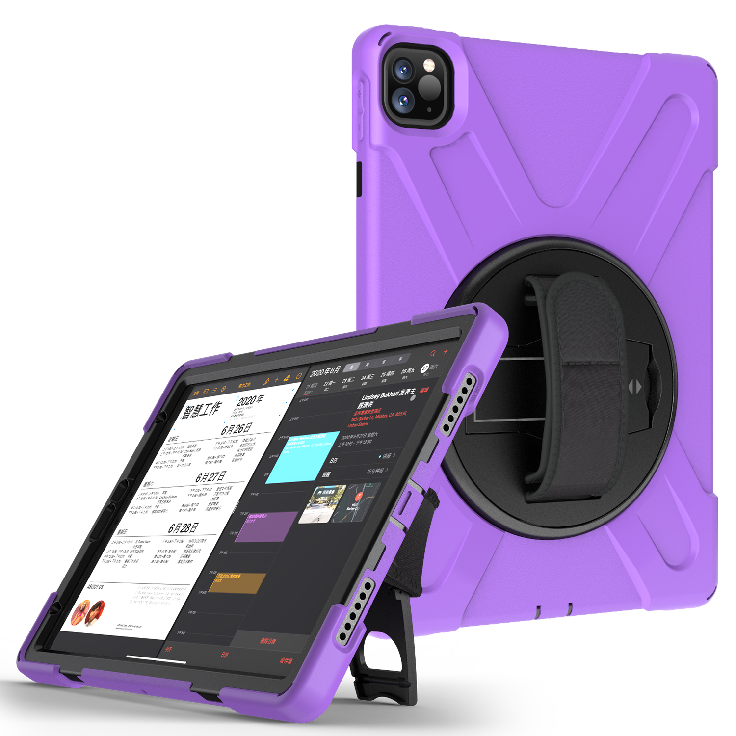 

For iPad Pro 11-inch (2020) (2018) X-Shape PC + TPU Combo Case with Hand Strap [360 Degree Rotary Kickstand] - Purple, iPad Pro 11-inch (2020)