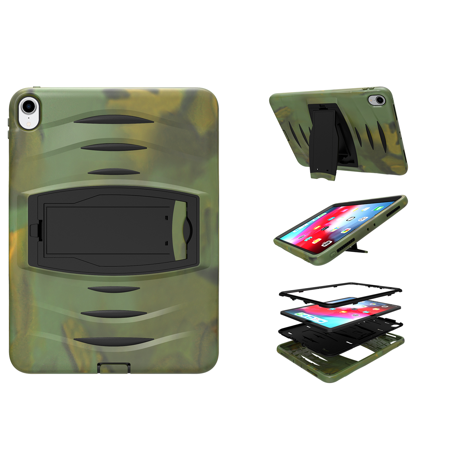 

Для Ipad Pro 11-дюймовый (2018) [Ripple Design] пк + Силиконовый 3-слойный Многофункциональный Корпус с Киктяной и Ручной Ремешком - Камуфляж, iPad Pro 11-inch (2018)