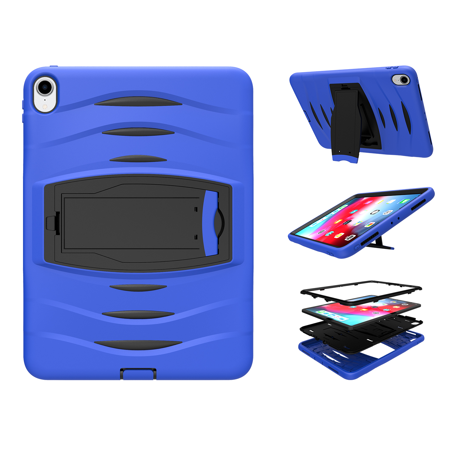 

For iPad Pro 11-inch (2018) [Ripple Design] PC + Silicone 3-layer Multi-function Case with Kickstand and Hand Strap - Blue, iPad Pro 11-inch (2018)