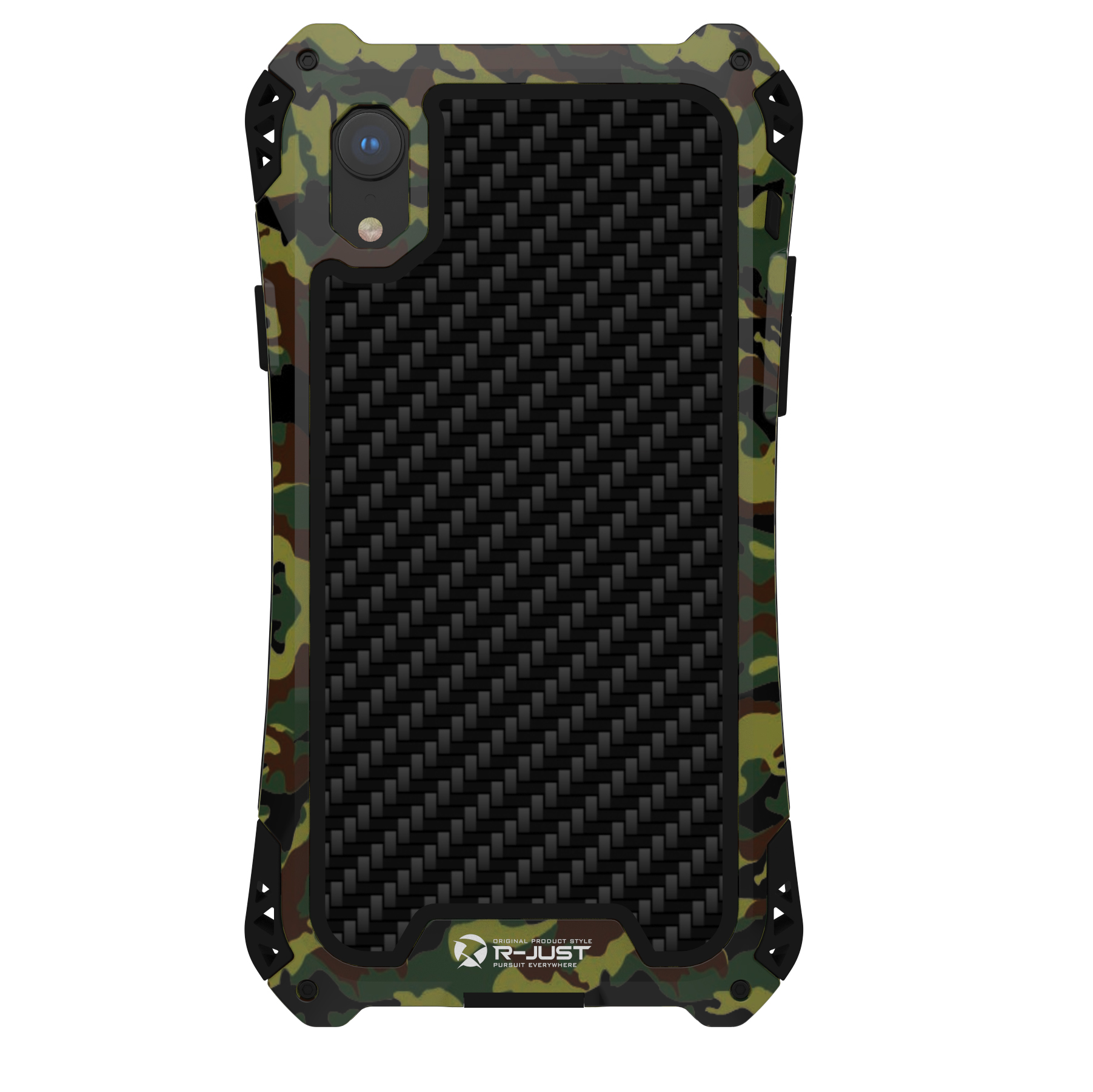 

R-JUST AMIRA Series Drop-resistant Carbon Fiber Texture Silicone + Metal Phone Shell with Tempered Glass Screen Protector for iPhone XR 6.1 inch - Camouflage Green, iPhone XR 6.1 inch