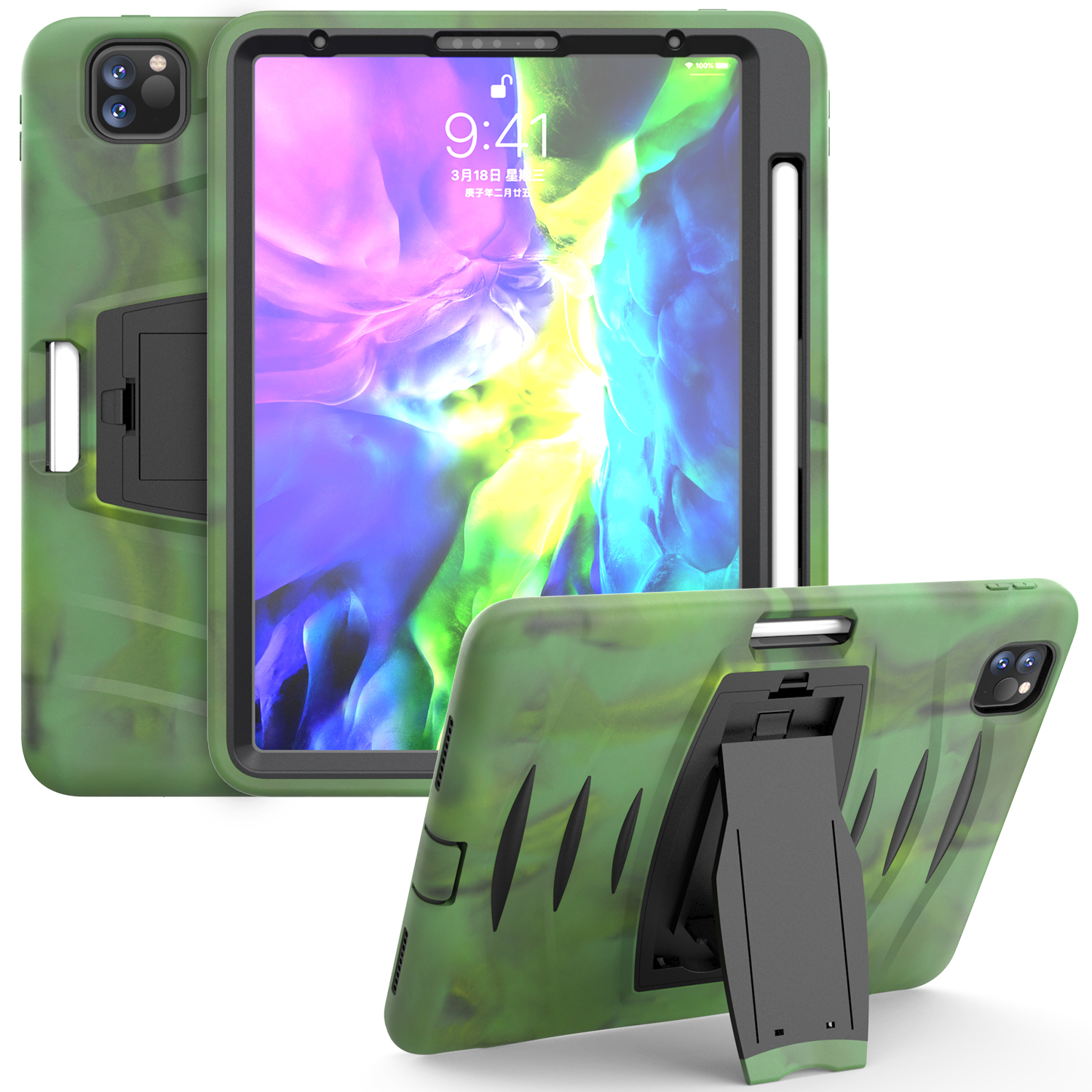 

Hard PC + TPU Multi-function Cover Case with Kickstand and Pen Slot for iPad Pro 11-inch (2021)/(2020)/(2018) - Green, iPad Pro 11-inch (2021)