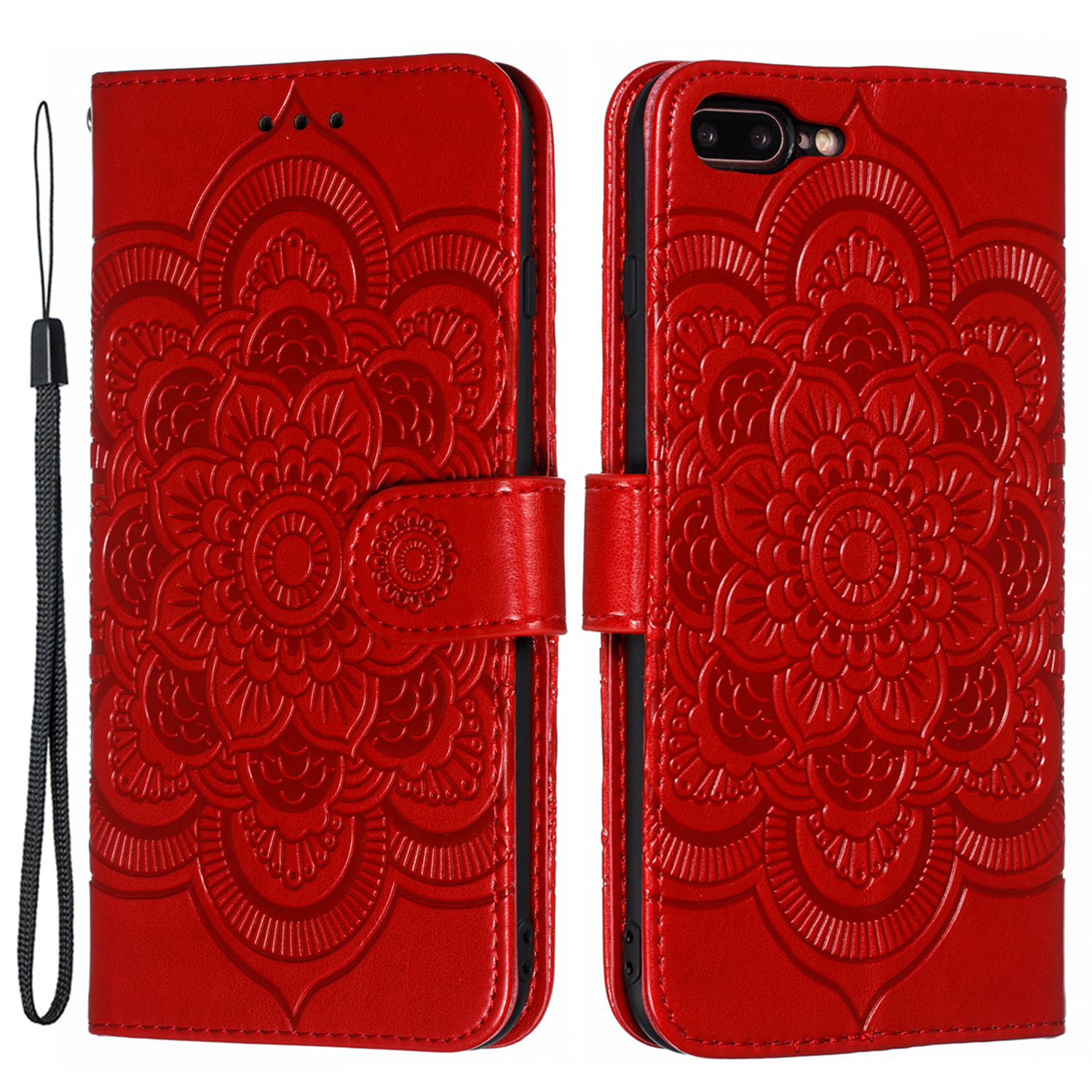 

Imprint Mandala Flower Wallet Stand Flip Leather Case with Strap for iPhone 8 Plus/7 Plus 5.5 inch - Red, iPhone 8 Plus 5.5 inch