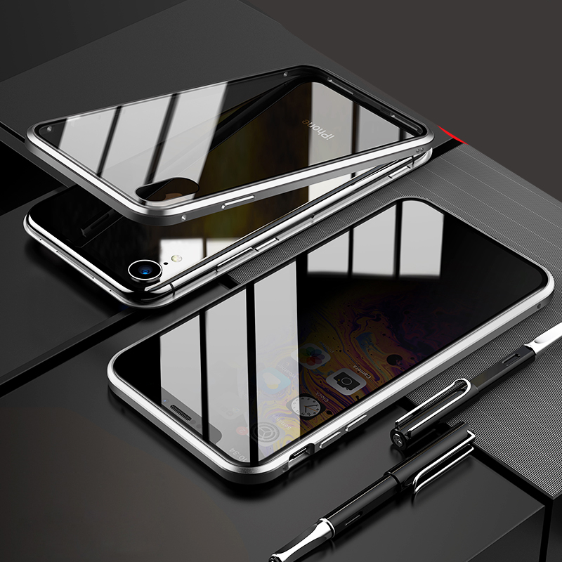

Magnetic Metal Frame + Tempered Glass Back Phone Cover for iPhone XR 6.1 inch - Silver, iPhone XR 6.1 inch