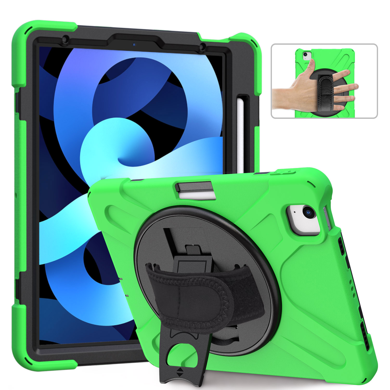

[Built-in Hand Holder Strap] 360° Swivel PC + Silicone Combo Kickstand Tablet Shell for iPad Air (2020)/Air (2022)/Pro 11-inch (2021)(2020)(2018) - Green, iPad Pro 11-inch (2021)