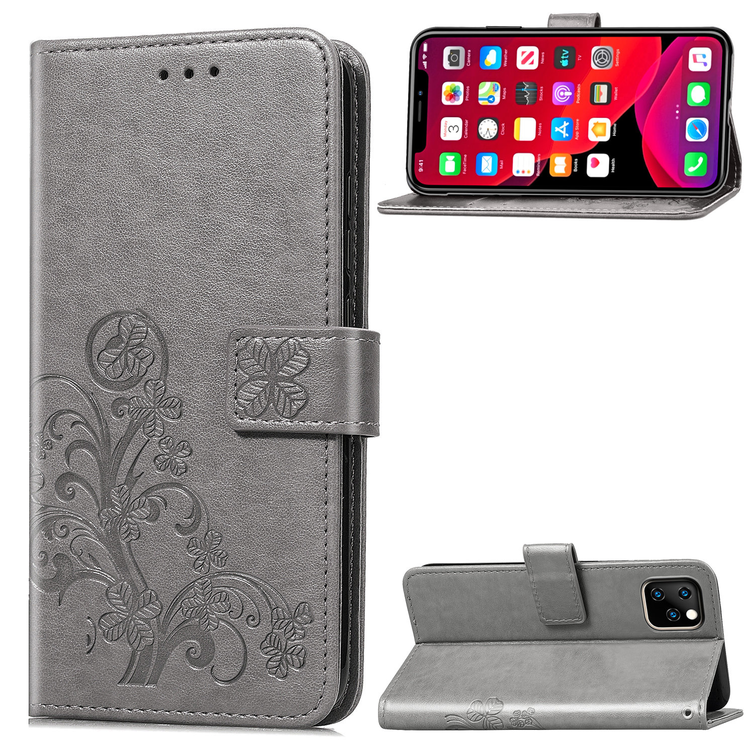 

HAT PRINCE Imprinted Clover Wallet Stand Leather Case for iPhone 11 Pro Max 6.5-inch (2019) - Grey, iPhone 11 Pro Max 6.5 inch
