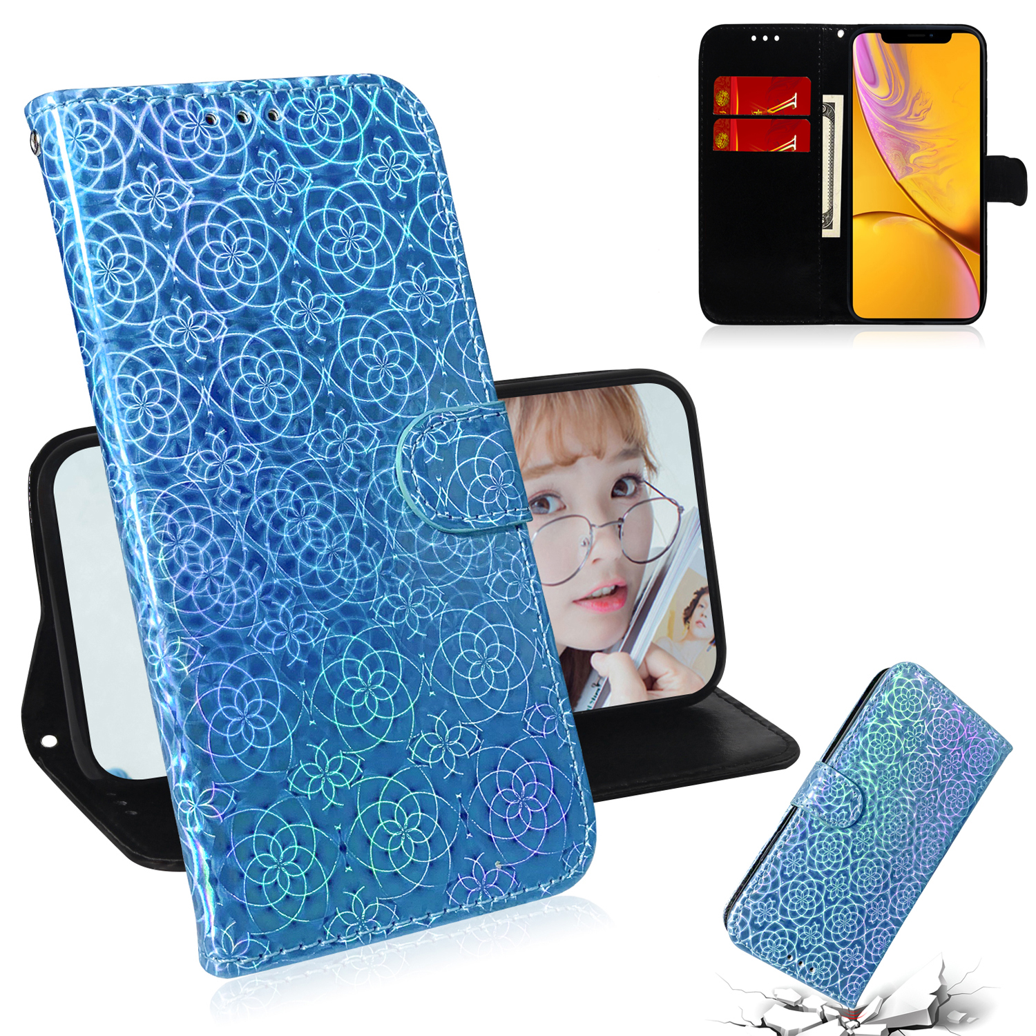 

Flower Pattern Leather Wallet Stand Case for iPhone XR 6.1 inch - Blue, iPhone XR 6.1 inch