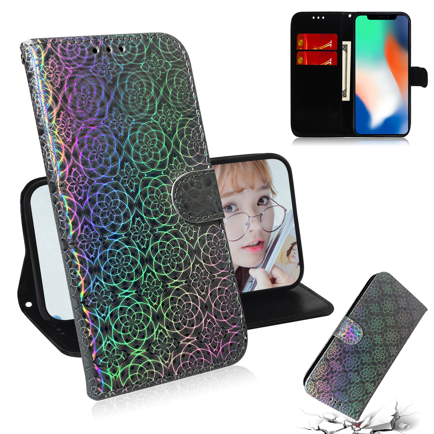 

Flower Pattern Leather Wallet Stand Case for iPhone XS/S 5.8 inch - Grey, iPhone XS 5.8 inch