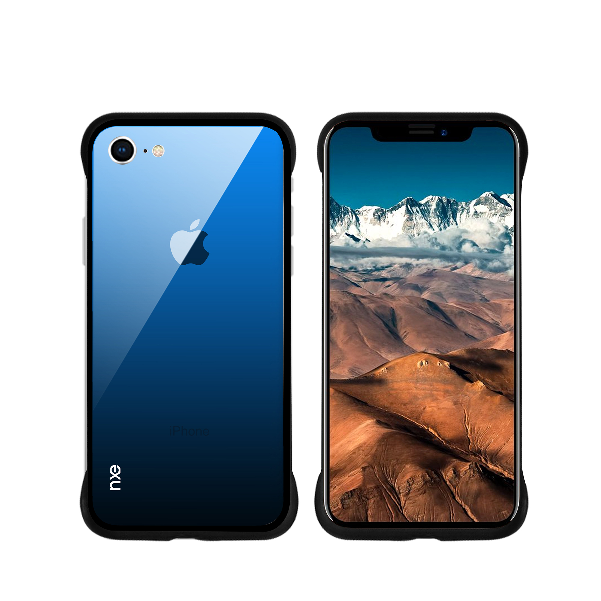 

For iPhone 8/7/SE 2 (2020) 4.7 inch NXE Printing Style Gradient Color 9H Glass+TPU Cover - Blue/Black, iPhone 8 4.7 inch