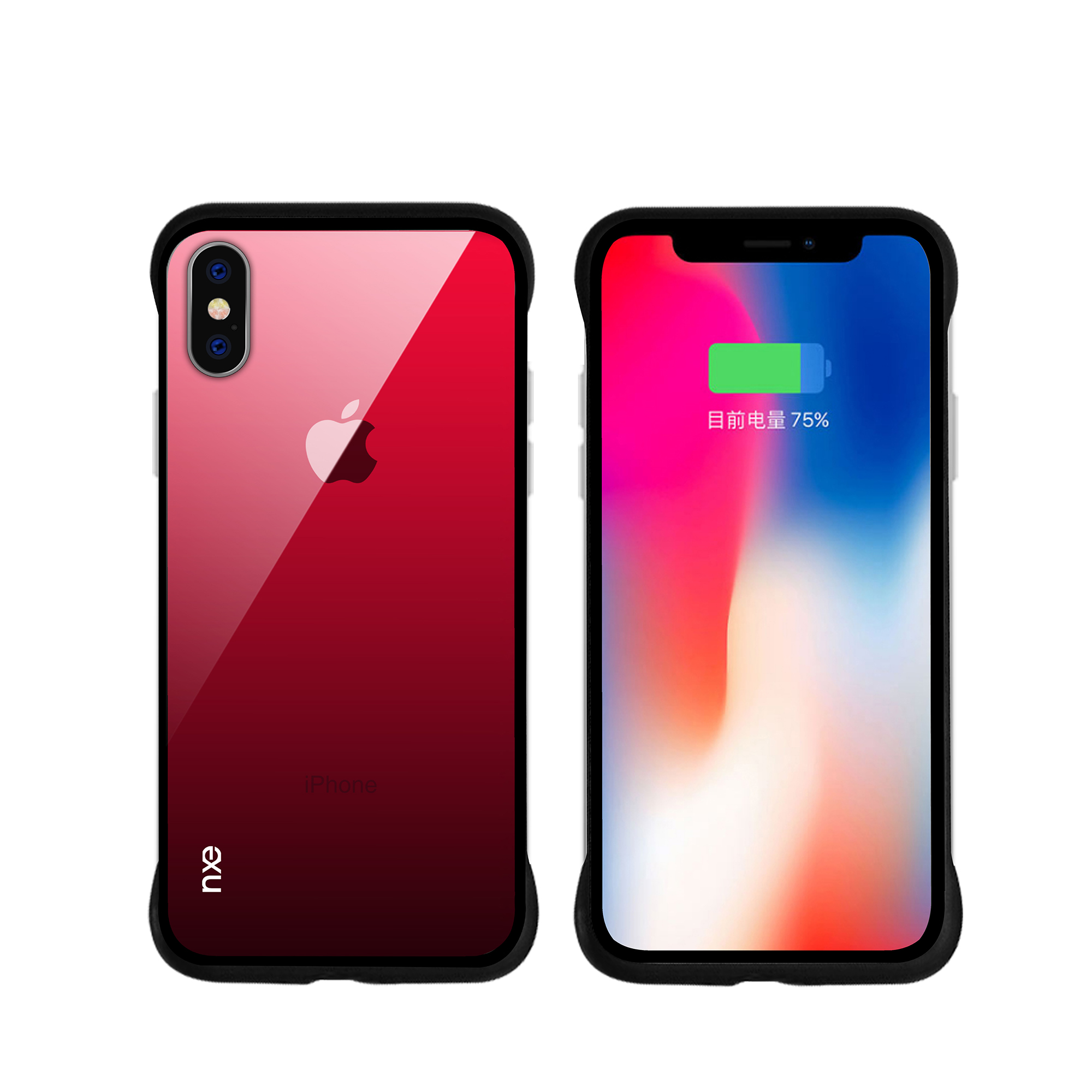 

For iPhone XS 5.8 inch NXE Printing Style Gradient Color 9H Glass Back + TPU Edge Cover - Red/Black, iPhone XS 5.8 inch