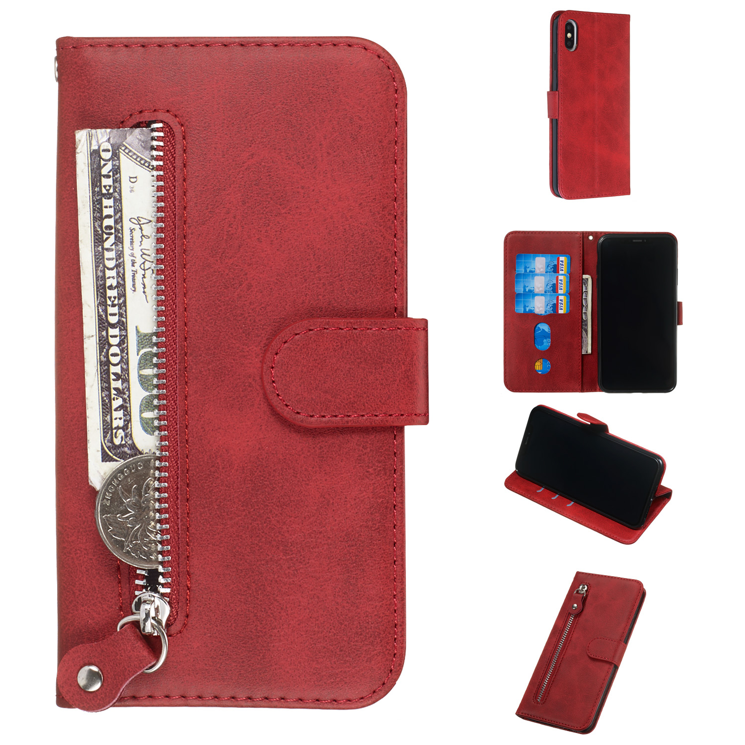 

Zipper Pocket PU Leather Wallet Case for iPhone XS Max 6.5 inch - Red, iPhone XS Max 6.5 inch