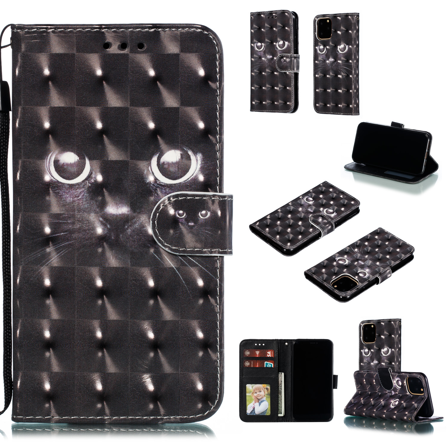 

For iPhone 11 Pro 5.8 inch (2019) 3D Printing Leather Wallet Casing Shell - Black Cat, iPhone 11 Pro 5.8 inch