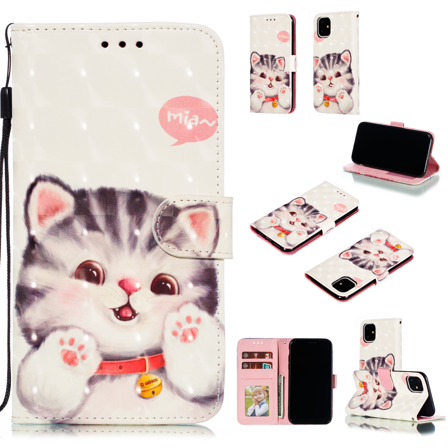 

For iPhone 11 6.1 inch (2019) 3D Printing Leather Wallet Casing - Adorable Cat, iPhone 11 6.1 inch