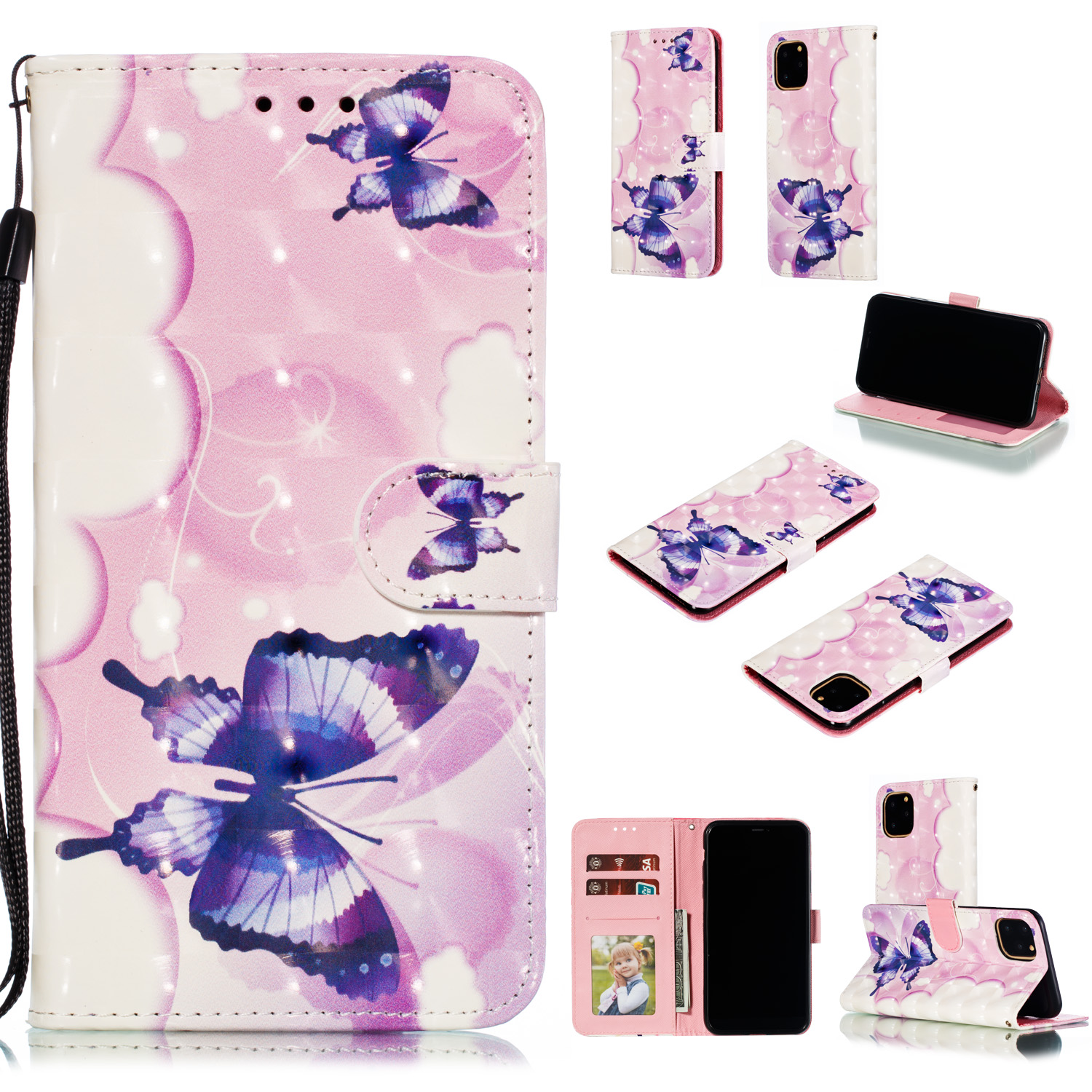 

For iPhone 11 Pro Max 6.5 inch (2019) 3D Printing Leather Wallet Casing Cover - Vivid Butterflies, iPhone 11 Pro Max 6.5 inch