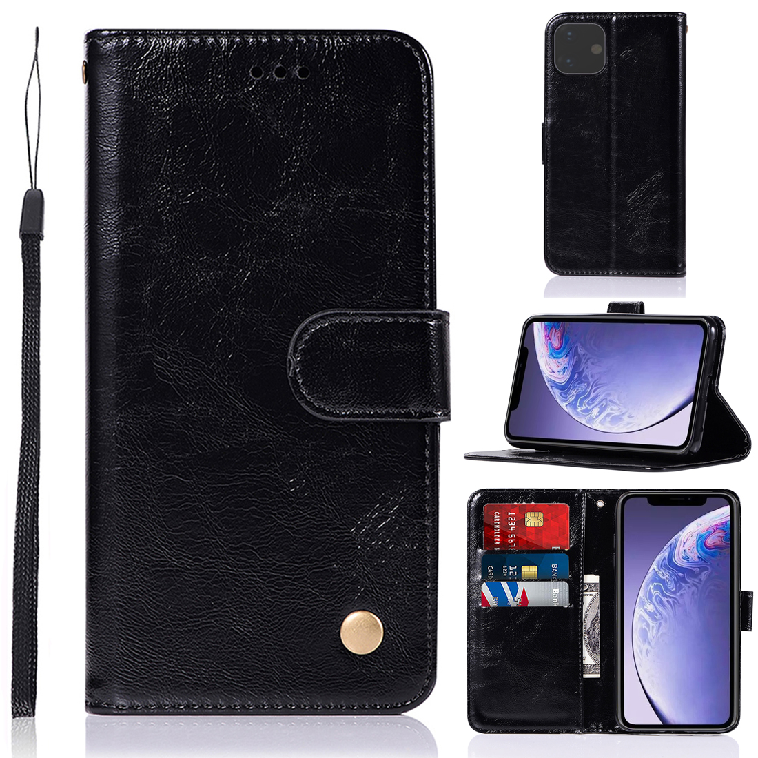 

Premium Vintage Leather Wallet Phone Case with Lanyard for Apple iPhone 11 6.1 inch (2019) - Black, iPhone 11 6.1 inch