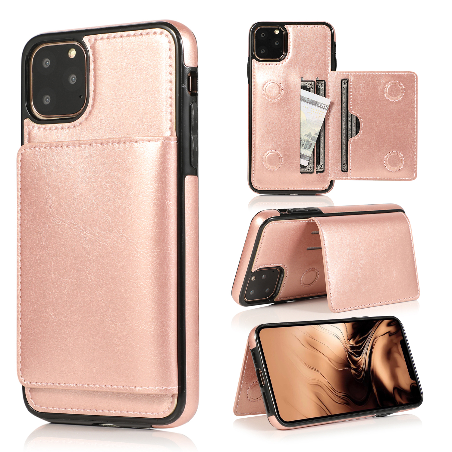 

PU Leather + TPU с Несколькими Картами Slots Stand Shell Для Iphone 11 Pro 5,8 Дюйма (2019) - Розовое Золото, iPhone 11 Pro 5.8 inch