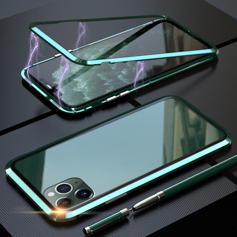 

LUPHIE Magnetic Adsorption Metal + Tempered Glass Phone Case [Hollow Front Glass Back] for Apple iPhone 11 Pro Max 6.5 inch - Green, iPhone 11 Pro Max 6.5 inch