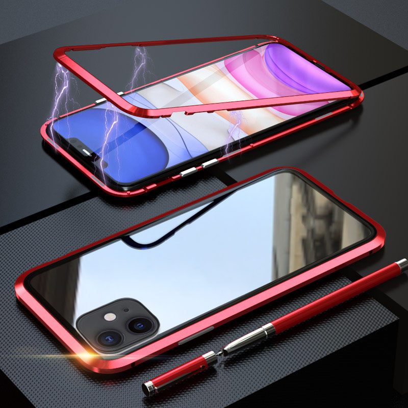

LUPHIE Magnetic Metal Frame Tempered Glass Phone Shell Casing [Hollow Front Glass Back] for iPhone 11 6.1 inch - Red, iPhone 11 6.1 inch