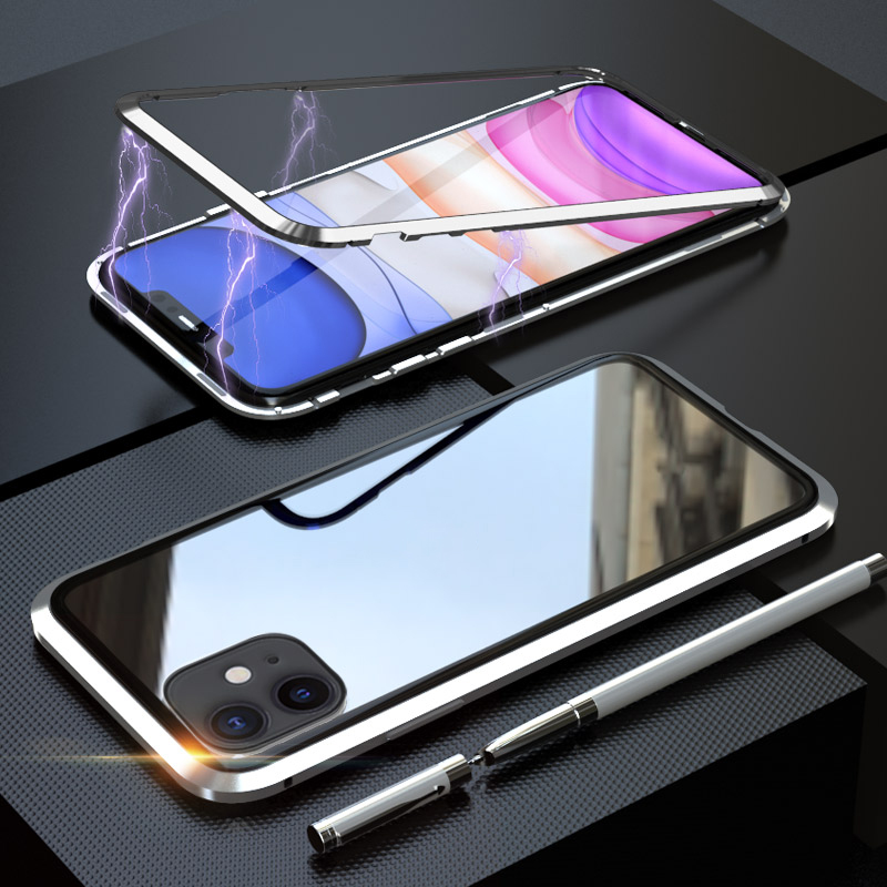 

LUPHIE Magnetic Metal Frame Tempered Glass Phone Shell Casing [Hollow Front Glass Back] for iPhone 11 6.1 inch - Silver, iPhone 11 6.1 inch