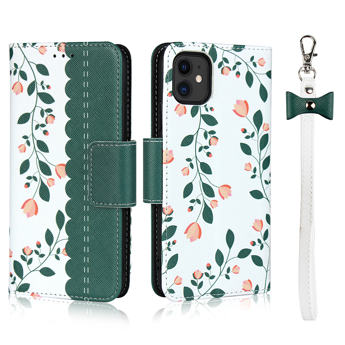 

Flower Pattern Wallet Stand Flip Leather Protective Case with Bowknot Lanyard for iPhone 11 6.1 inch (2019) - Green, iPhone 11 6.1 inch