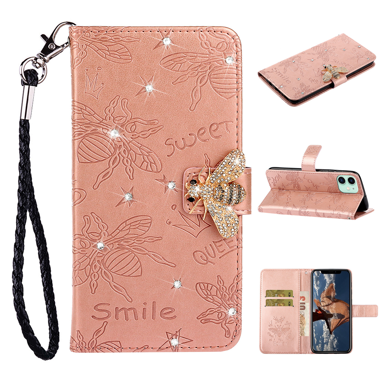 

Rhinestone Decor Bee Pattern Imprint Leather Wallet Phone Case for Apple iPhone 11 6.1 inch - Rose Gold, iPhone 11 6.1 inch
