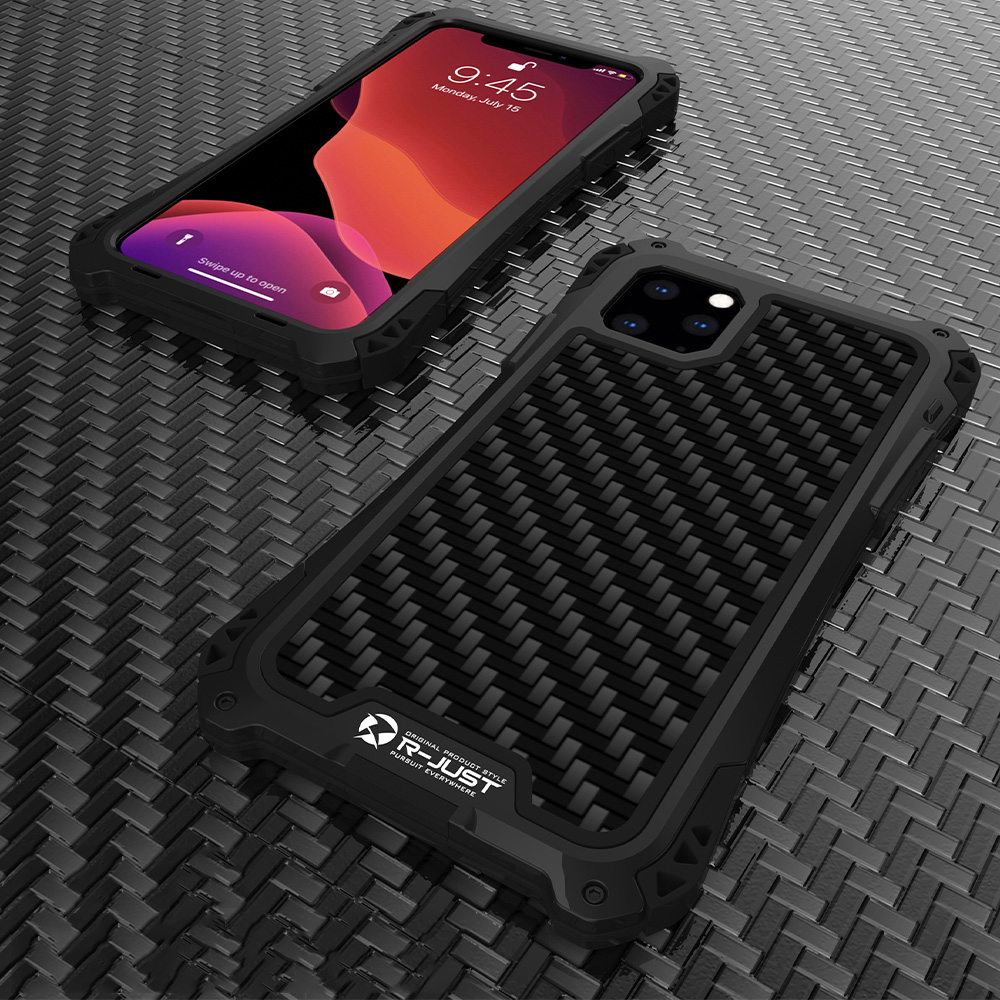 

R-JUST ShocKproof Carbon Fiber Skin Silicone + Metal Back Case for iPhone 11 Pro Max 6.5 inch (2019) - All Black|, iPhone 11 Pro Max 6.5 inch