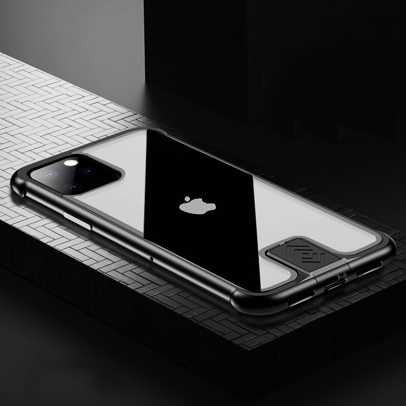 

R-просто Push-and-pull Design Tampered Glass + Алюминиевый Сплав Кадр Чехол Для IPhone 11 6,1-дюймовый - Чернить, iPhone 11 6.1 inch