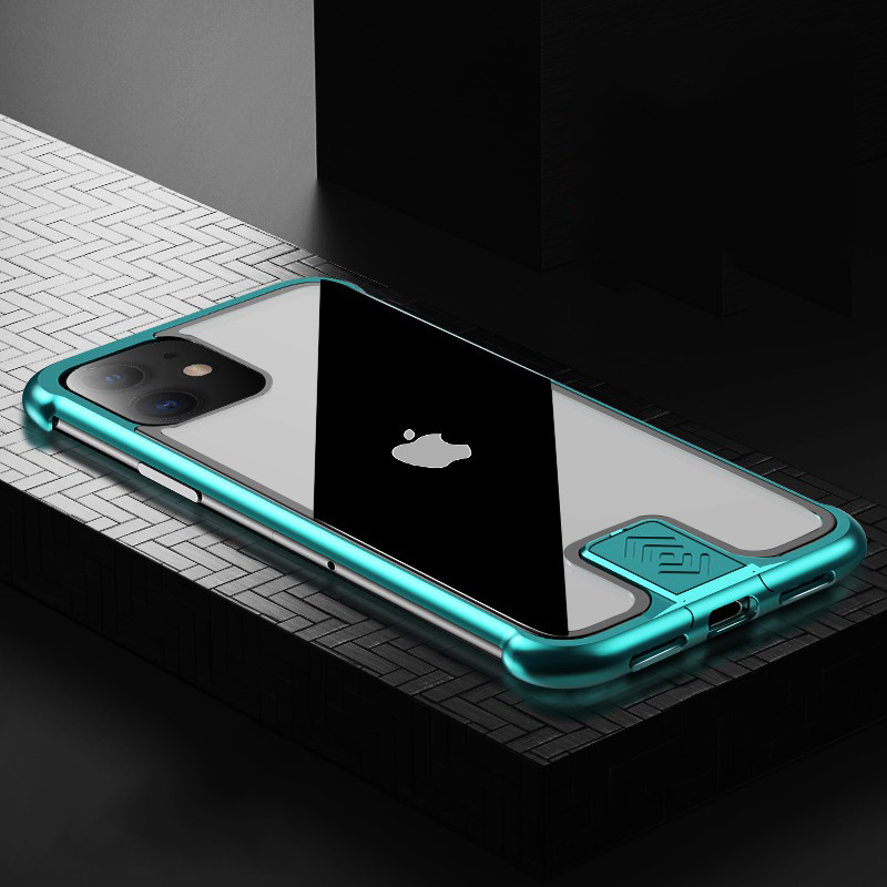 

R-просто Push-and-pull Design Tampered Glass + Алюминиевый Сплав Кадр Чехол Для IPhone 11 6,1-дюймовый - Циан, iPhone 11 6.1 inch