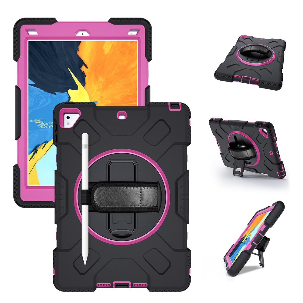 

[Built-in Hand Strap] Rotating Kickstand PC + Thicken Silicone Tablet Hybrid Case with Shoulder Strap for iPad 9.7-inch (2018)/(2017)/iPad Pro (2016)/iPad Air 2 - Black Outer Layer/Purple, iPad 9.7-inch (2018)
