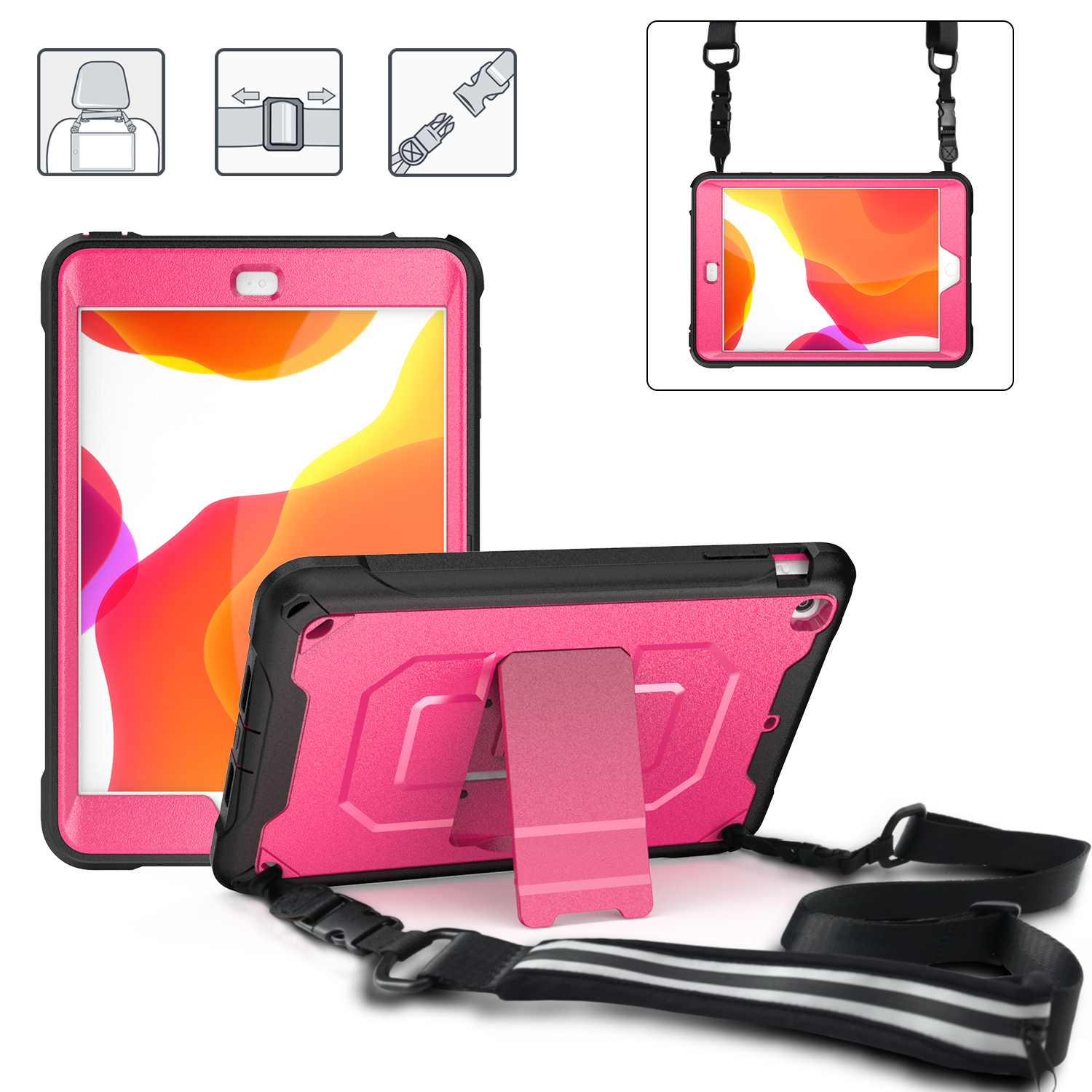 

360° Shockproof Kickstand PC + TPU Tablet Combo Case [with Shoulder Strap] for iPad Mini/Mini 2/Mini 3 - Pink, Apple iPad 9.7 (2018)
