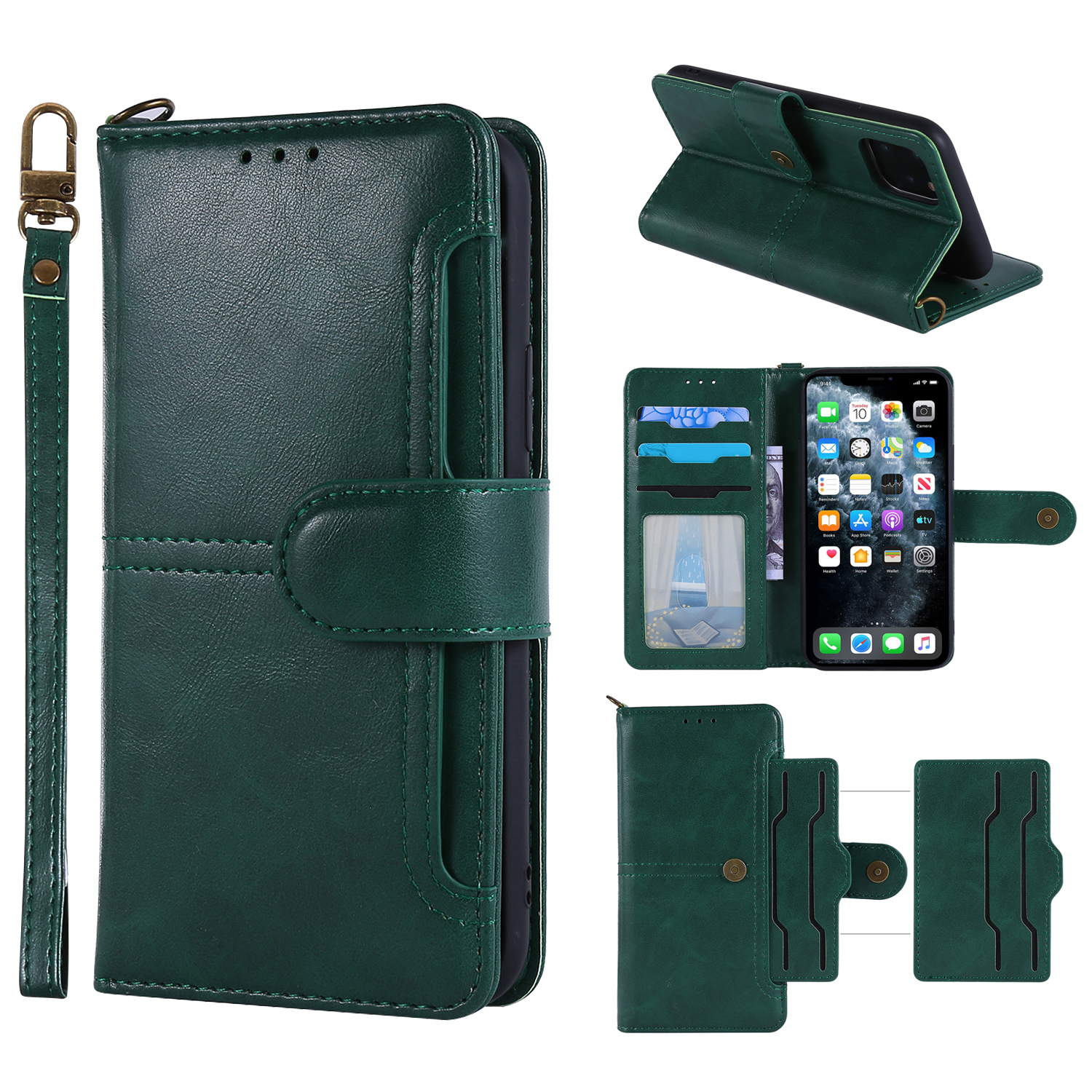 

PU Leather Wallet Stand Phone Cover for Apple iPhone 11 Pro Max 6.5 inch - Green, iPhone 11 Pro Max 6.5 inch