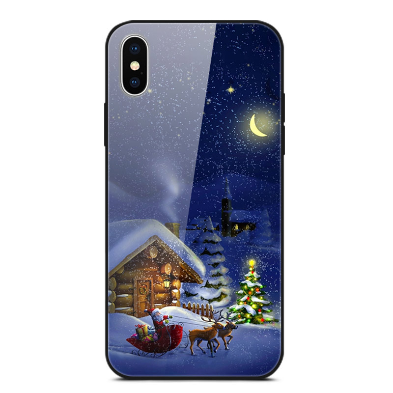 

Christmas Series Glass + PC + TPU Hybrid Cell Phone Case for iPhone X/XS 5.8 inch - Santa and House, iPhone XS 5.8 inch