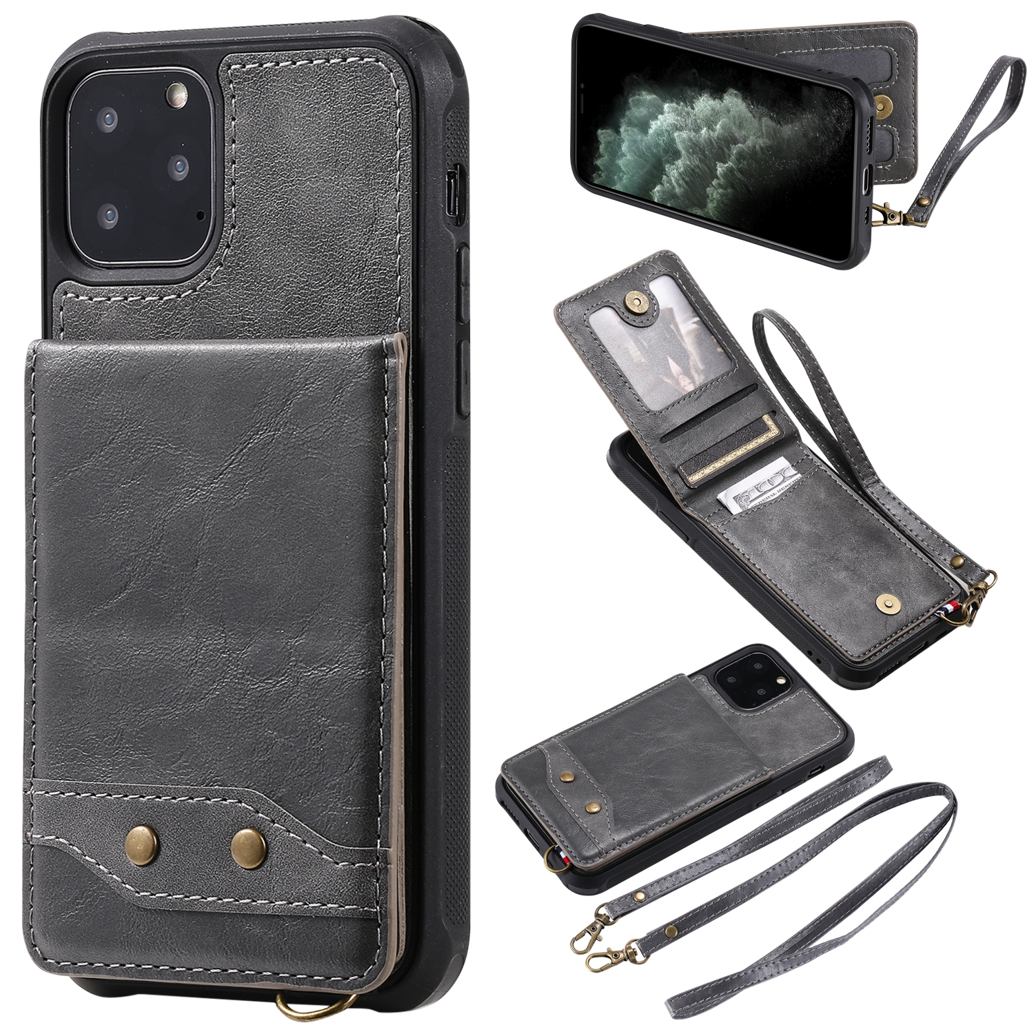 

Kickstand PU Leather Coated TPU Shell Cover for iPhone 11 Pro 5.8 inch - Grey, iPhone 11 Pro 5.8 inch