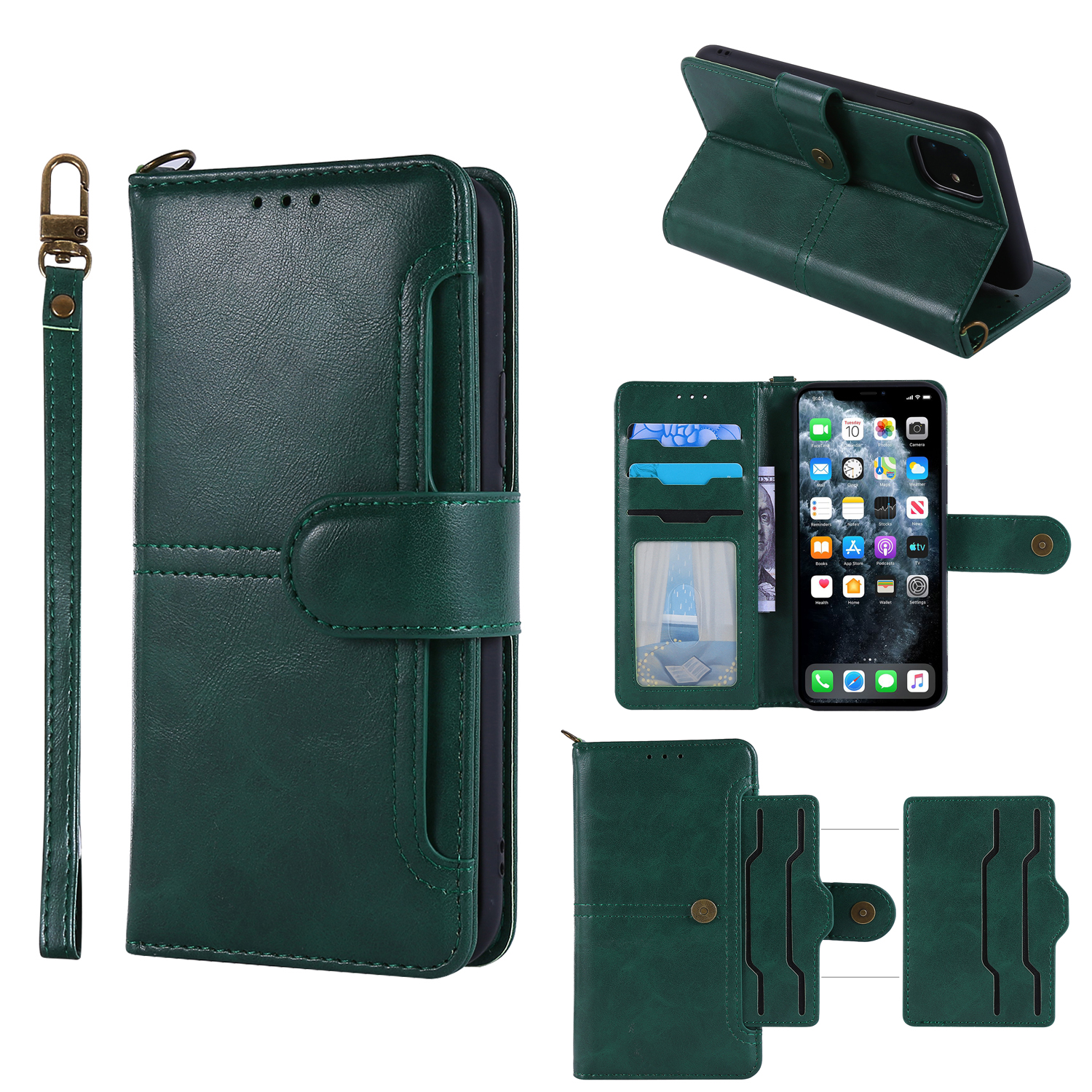 

PU Leather Wallet Mobile Cell Phone Case for iPhone 11 6.1 inch - Green, iPhone 11 6.1 inch