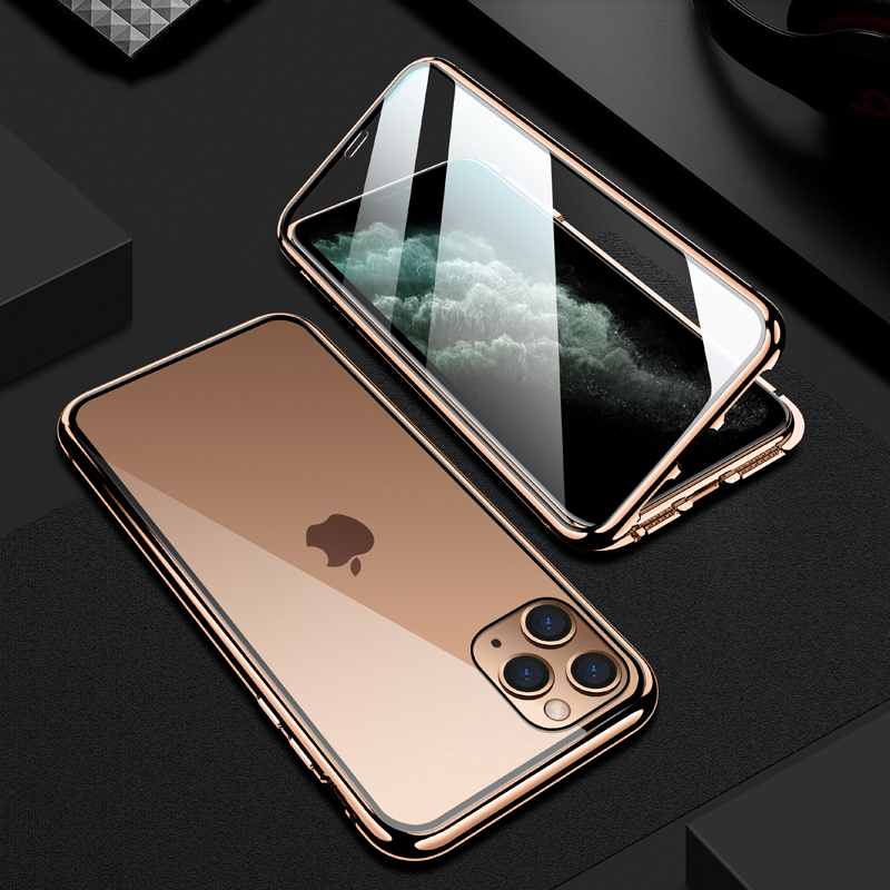 

R-JUST Full Covering Magnetic Metal Frame + [Front and Back] Tempered Glass Phone Case for iPhone 11 Pro Max 6.5 inch - Gold, iPhone 11 Pro Max 6.5 inch
