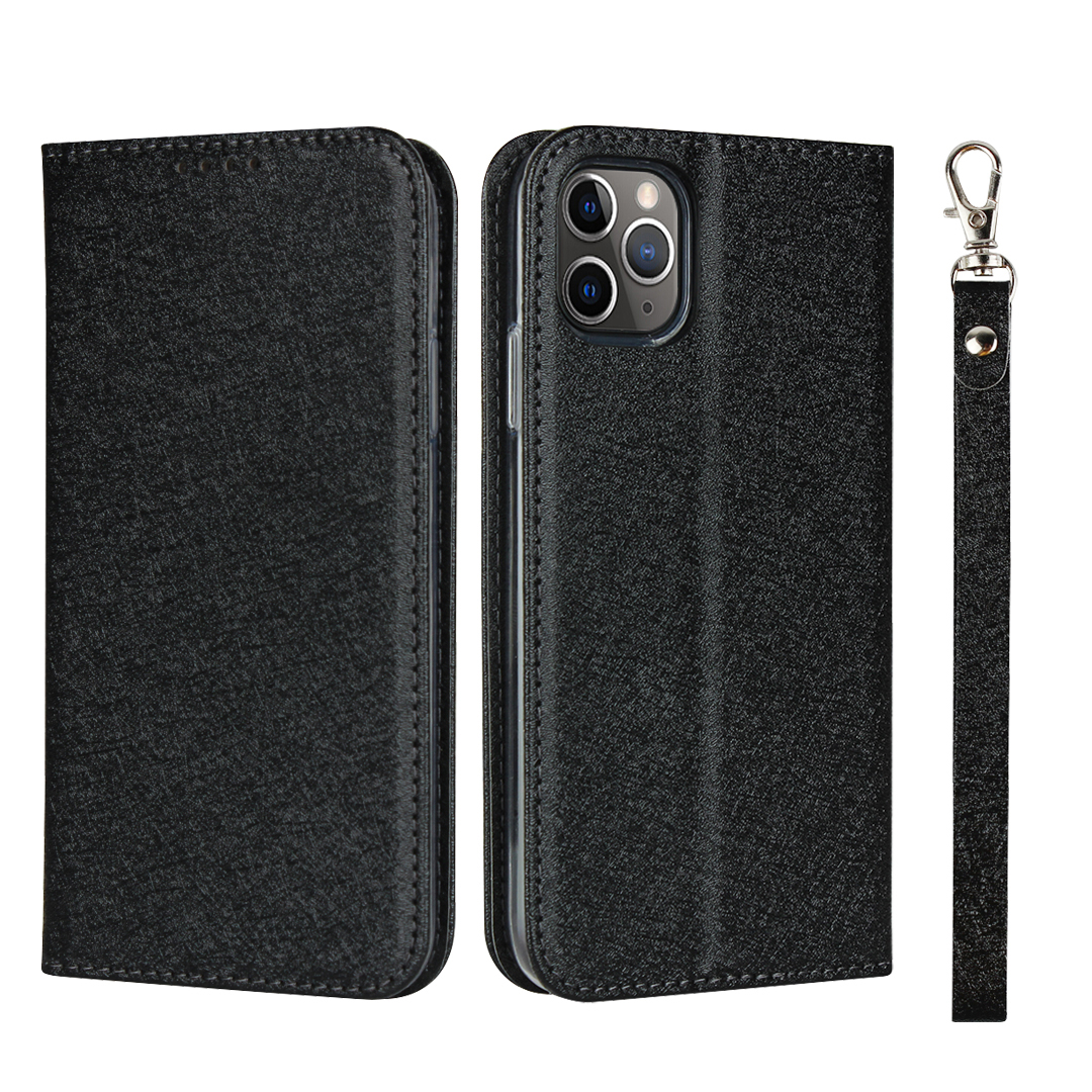 

Silk Skin Wallet Stand Cell Leather Phone Case with Strap for iPhone 11 Pro Max 6.5 inch - Black, iPhone 11 Pro Max 6.5 inch