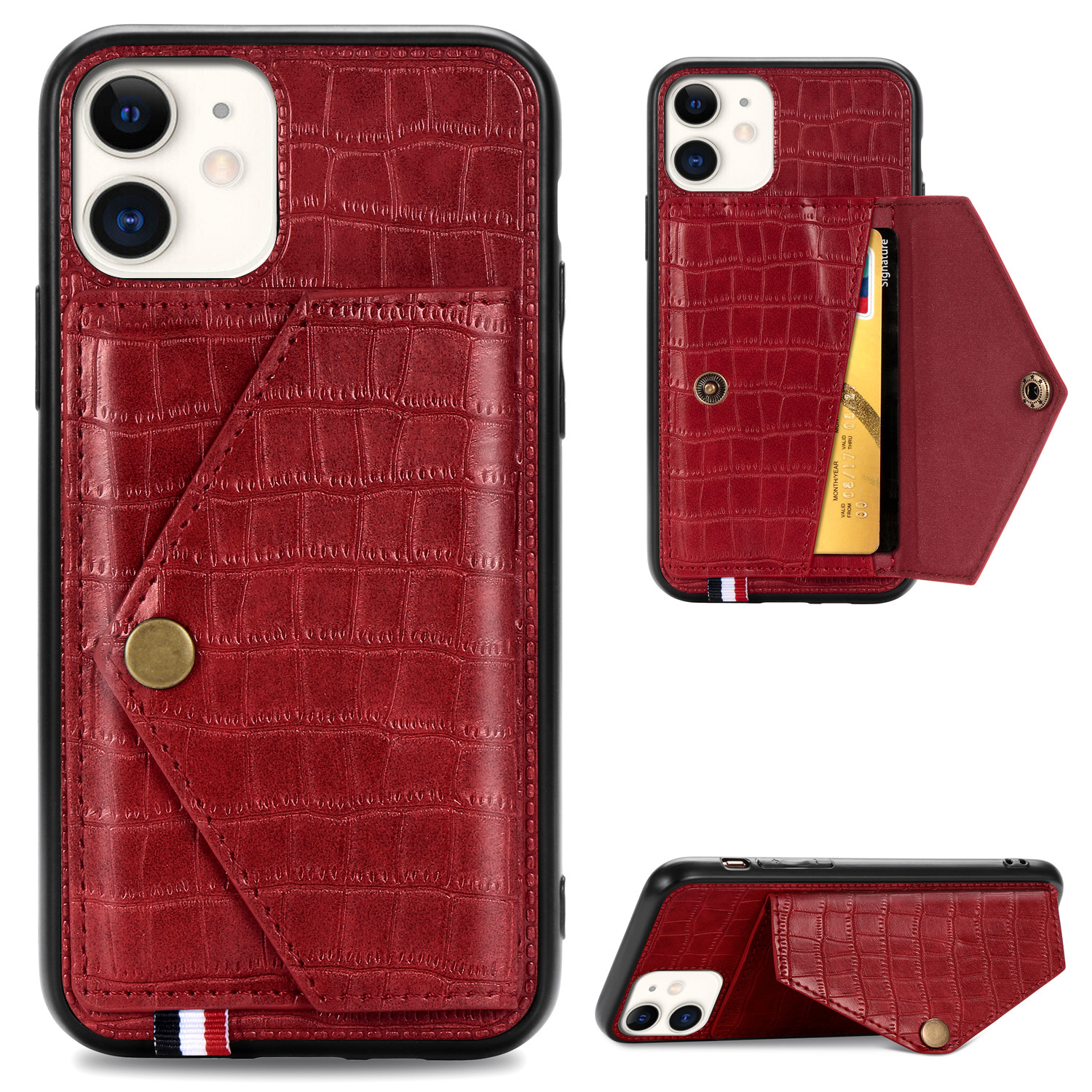 

Crocodile Texture Leather+TPU Phone Case with Card Holder Kickstand for iPhone 11 6.1-inch - Red, iPhone 11 6.1 inch